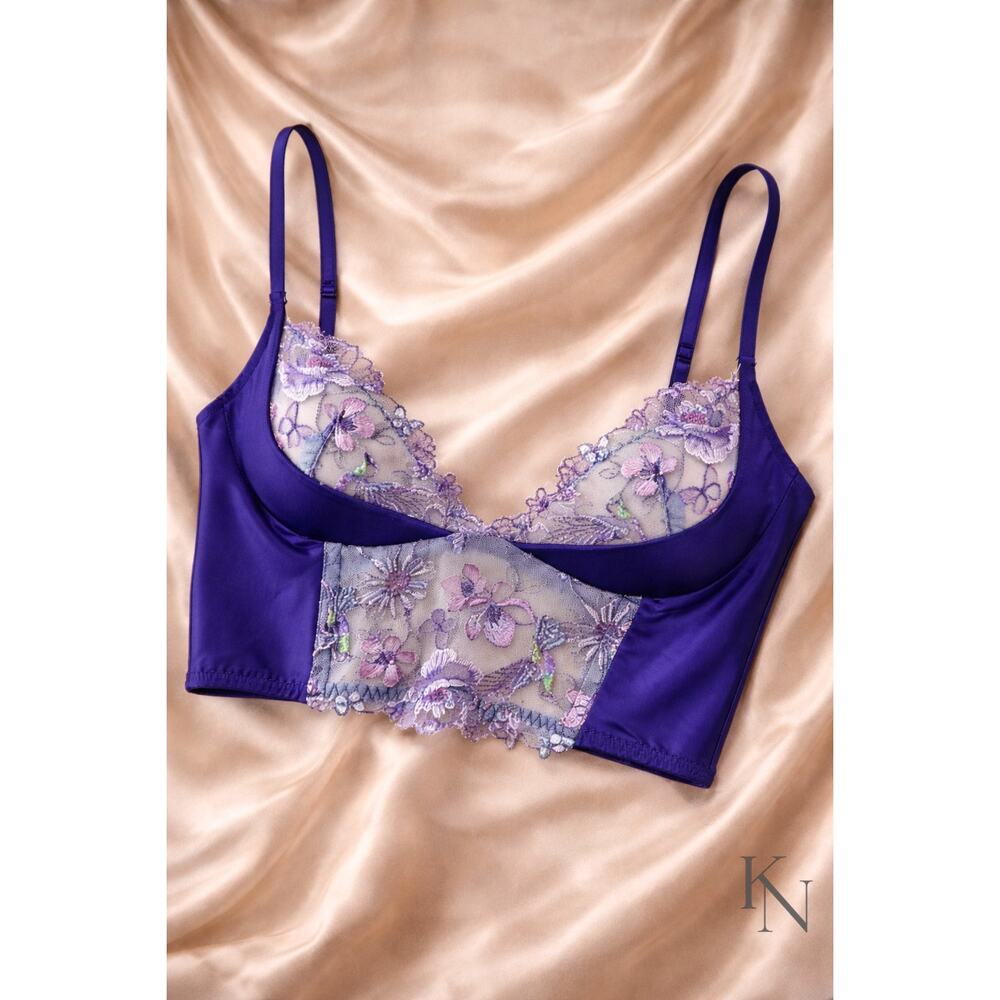 Victoria’s Secret 38D Hummingbird Quarter Cup Corset Bra Blue Embroidered Lace